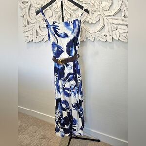 NWT Donna Karan Classy Linen Dress with Blue and White Floral Design Size 10